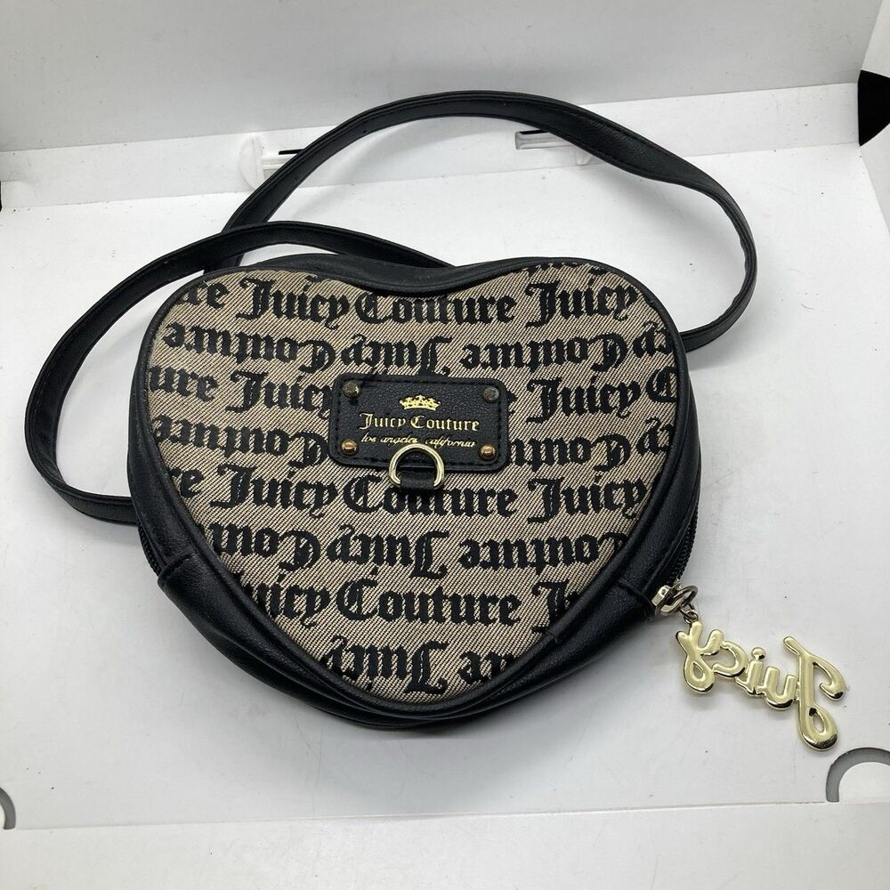 Juicy Couture Black Beige Heart Crossbody Bag Logo Zip Gold Hardware Designer